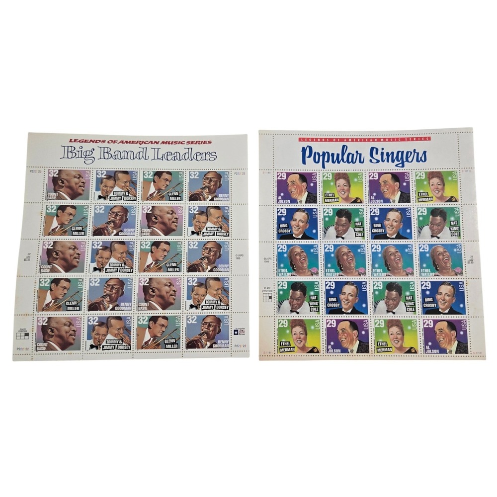 Vintage 1994 1996 USPS Music Legends Stamp Panes Big Band Popular Singers Lot